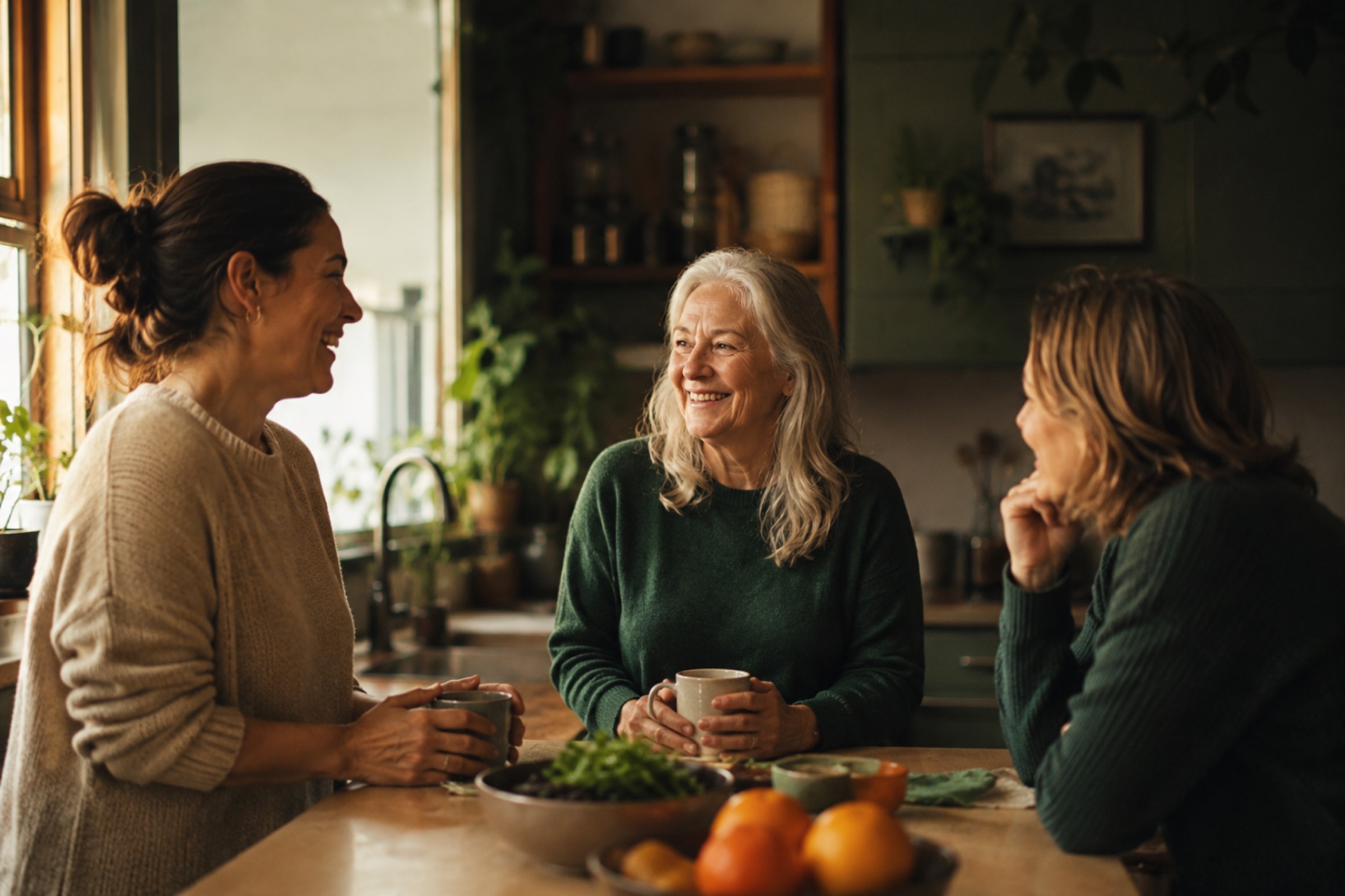 Three friends sharing coffee around a kitchen table