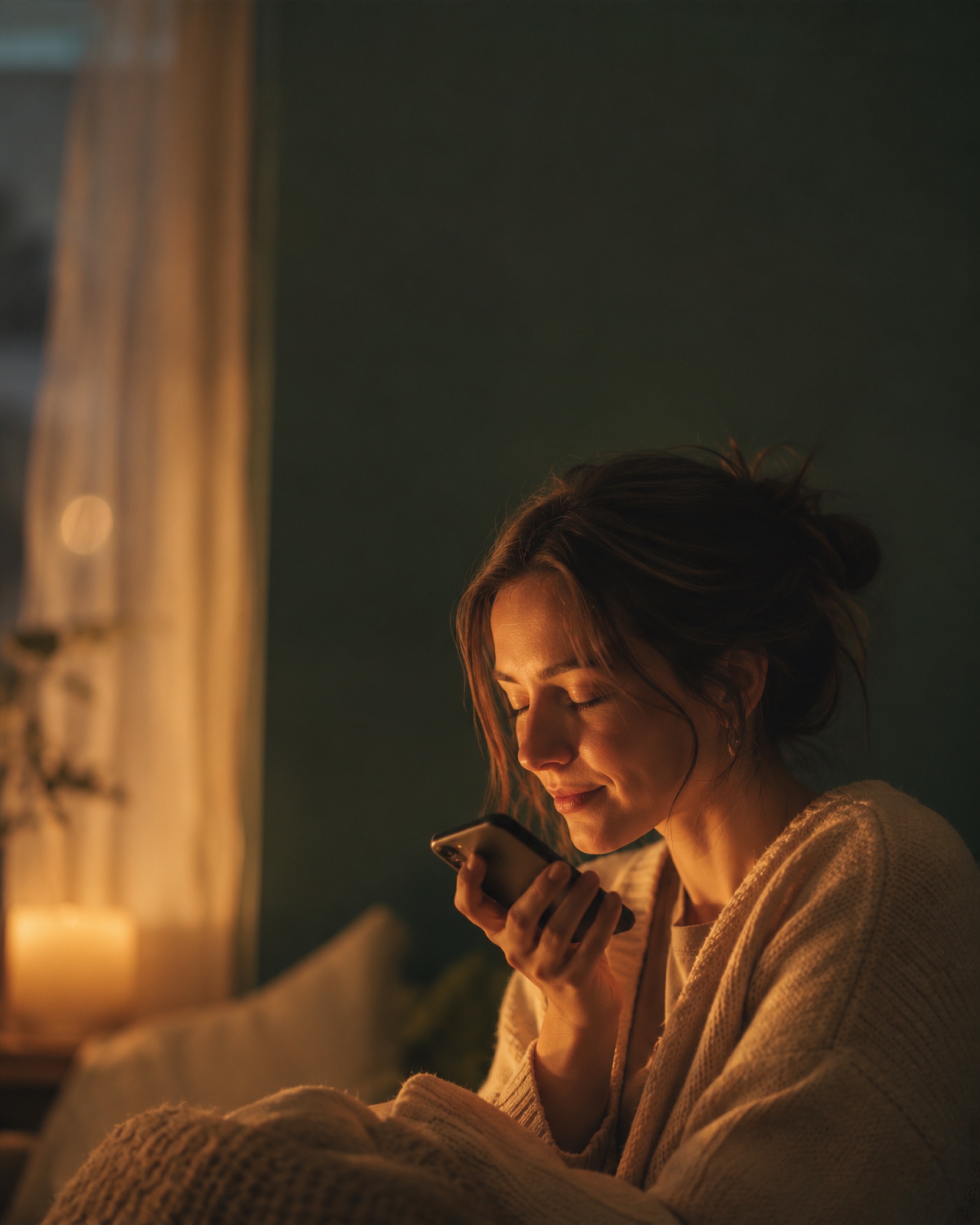 A woman listening to a voice message by candlelight