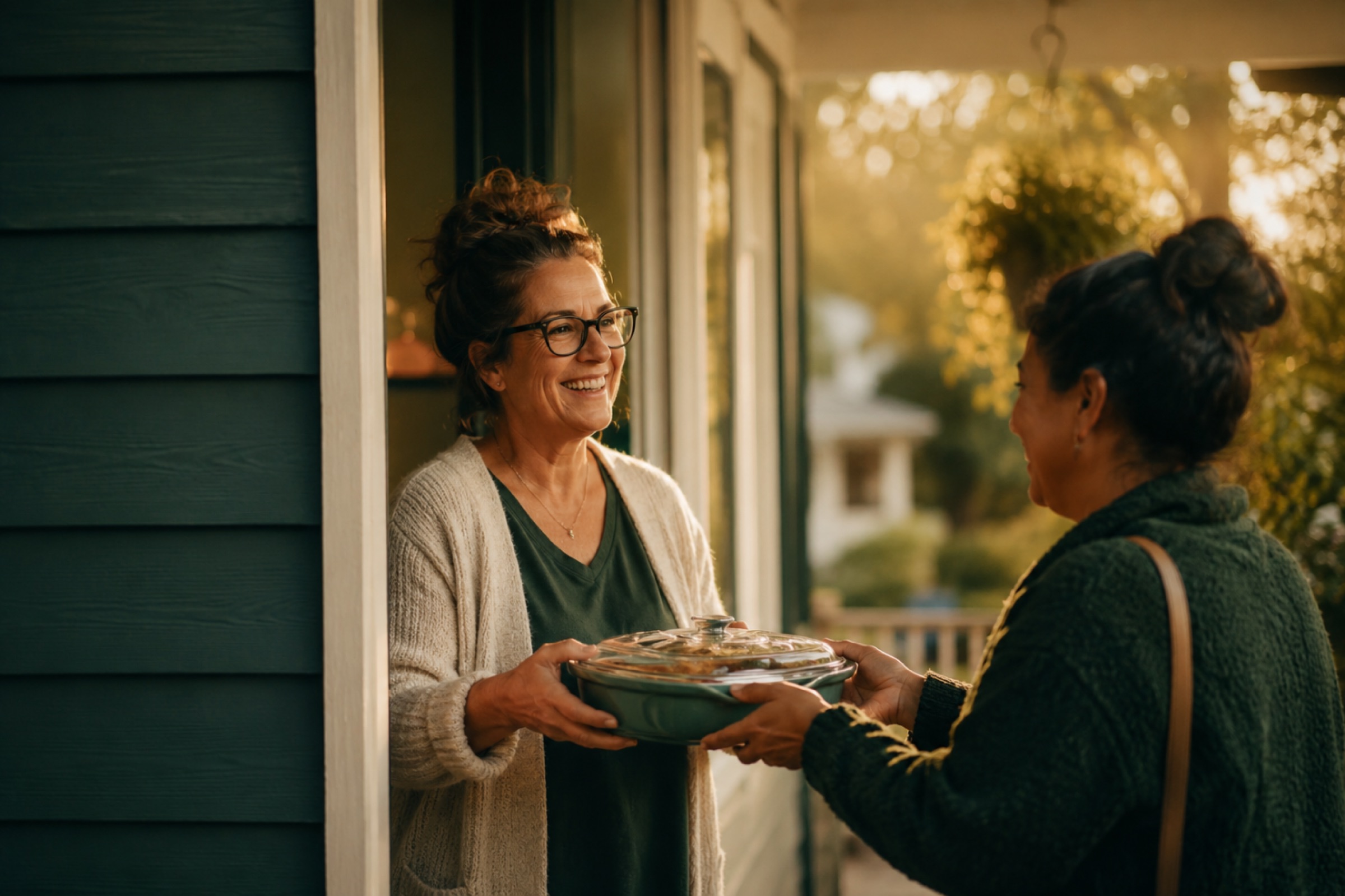 A neighbour bringing a covered meal to the front door